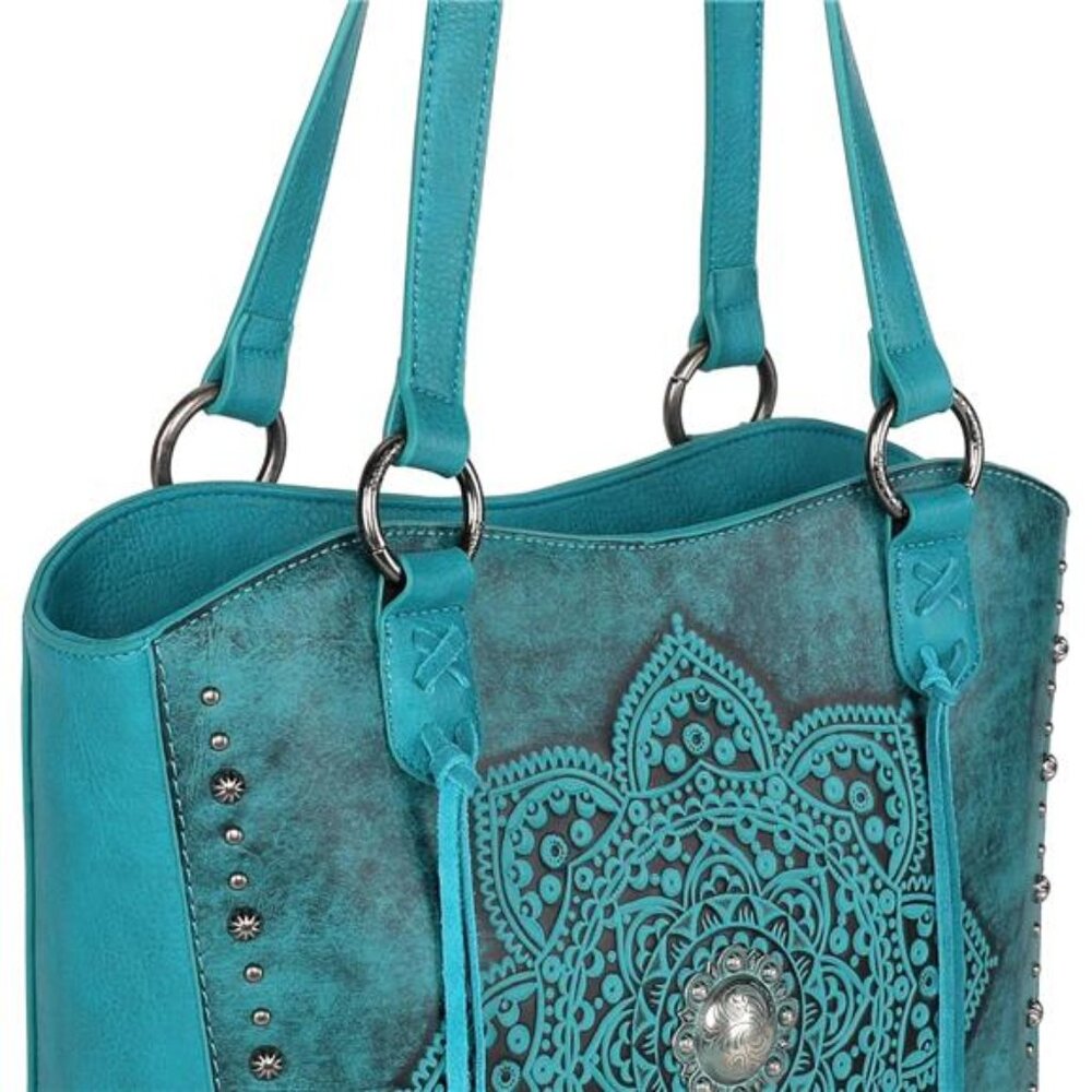 VEGAN LEATHER Turquoise Blue Mandala Tooled Bohemian Purse & Wallet Set - Picture 4 of 7